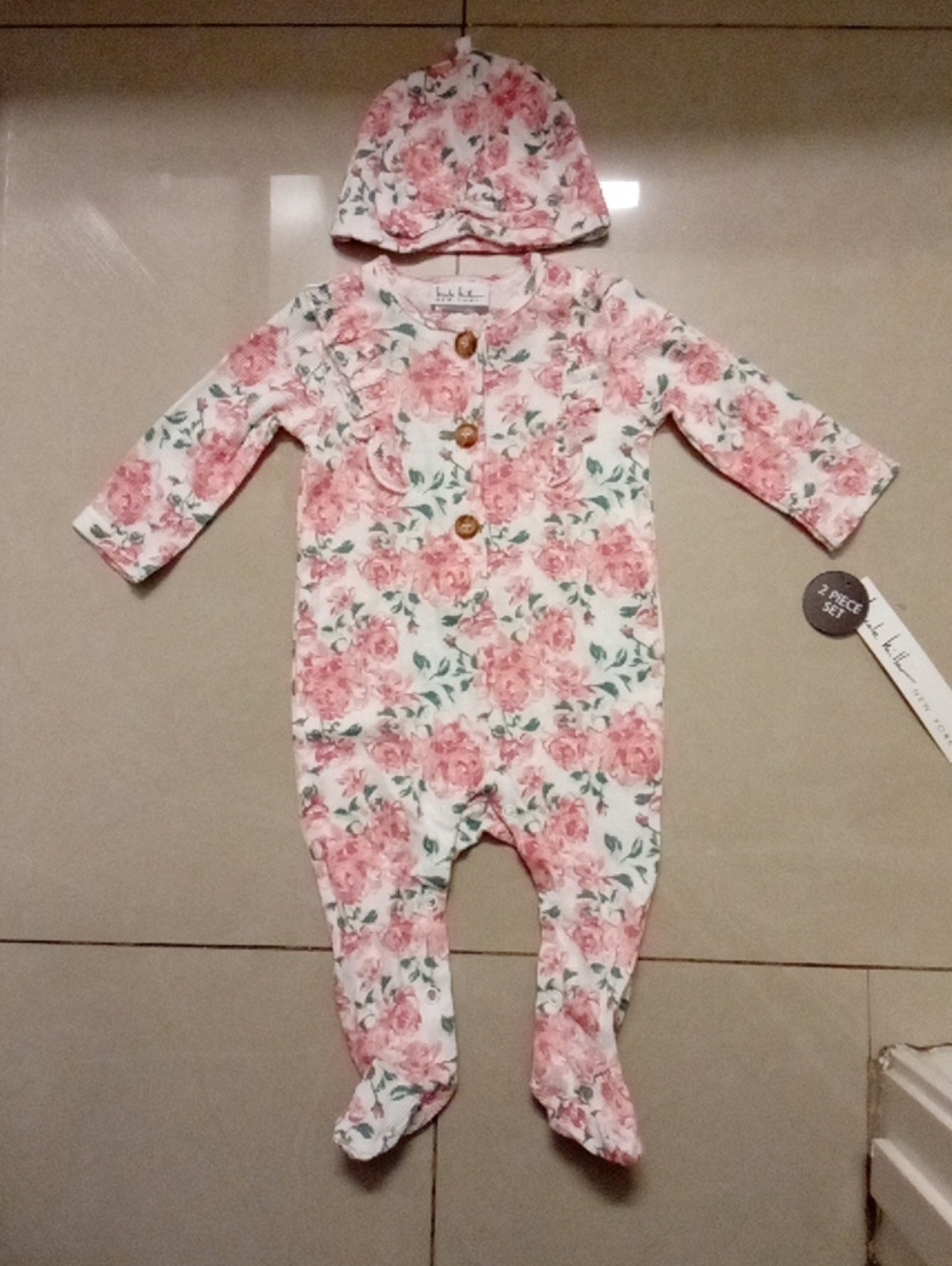 Nicole Miller Pink Floral Baby Footie with Matching Hat - Kids One Pieces